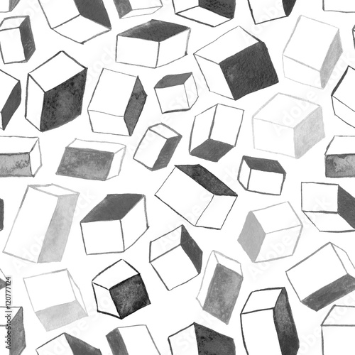 Original hand drawn cubes abstract background, seamless pattern