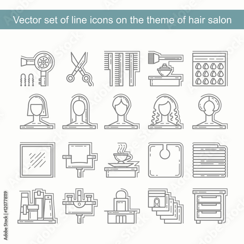 Vector set of line icons on the theme of hair salon. Flat symbols of fashion and beauty