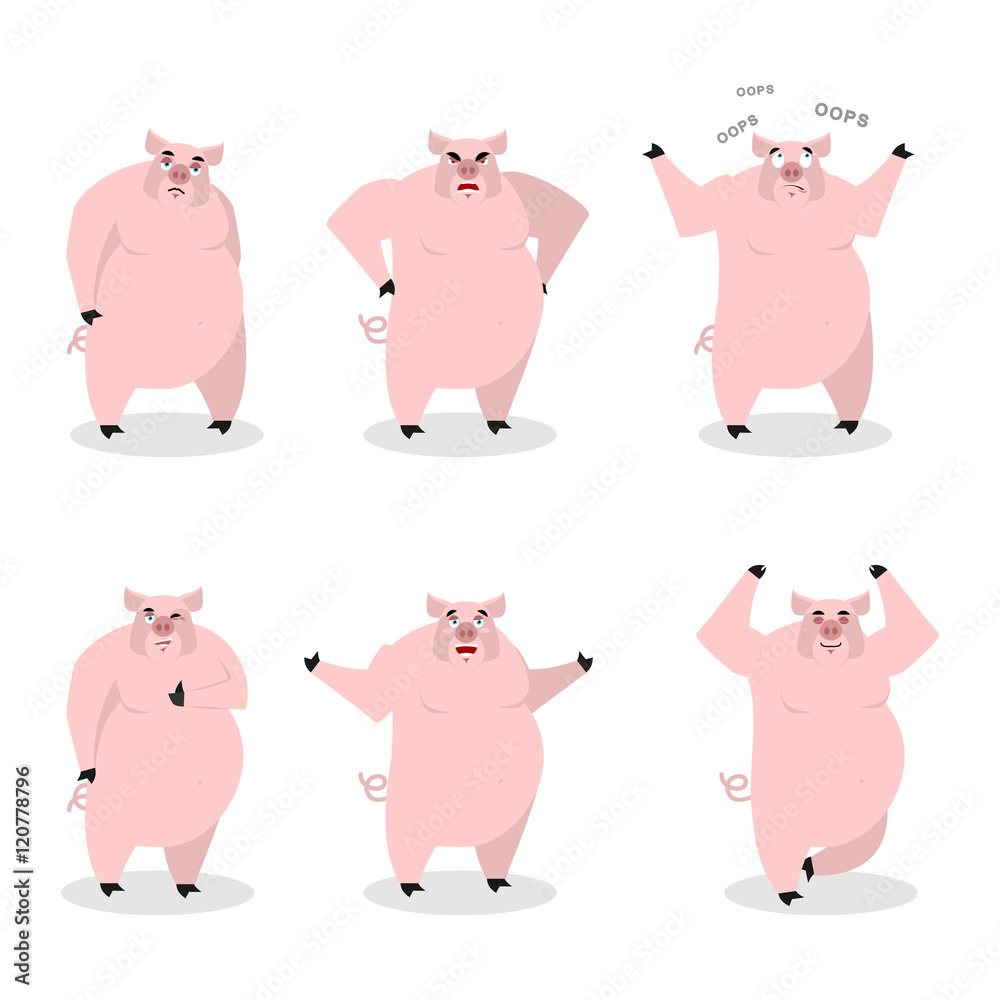 Pig set of different poses. Expression of wild boar emotions. Fa Pig set of different poses. Expression of wild boar emotions. Fa