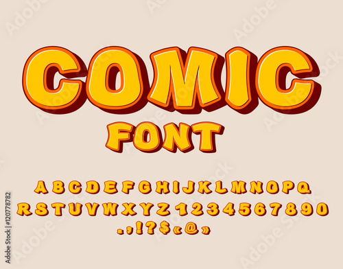 Comic font. Bang  alphabet. Bright cartoon ABC. yellow letters