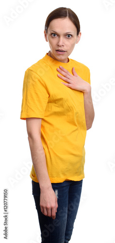shocked casual woman in yellow t-shirt