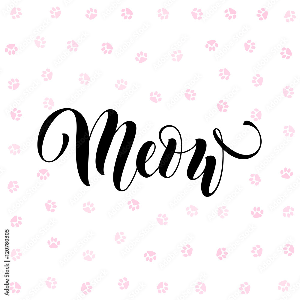 Vector black lettering Meow with cute pink cat paw
