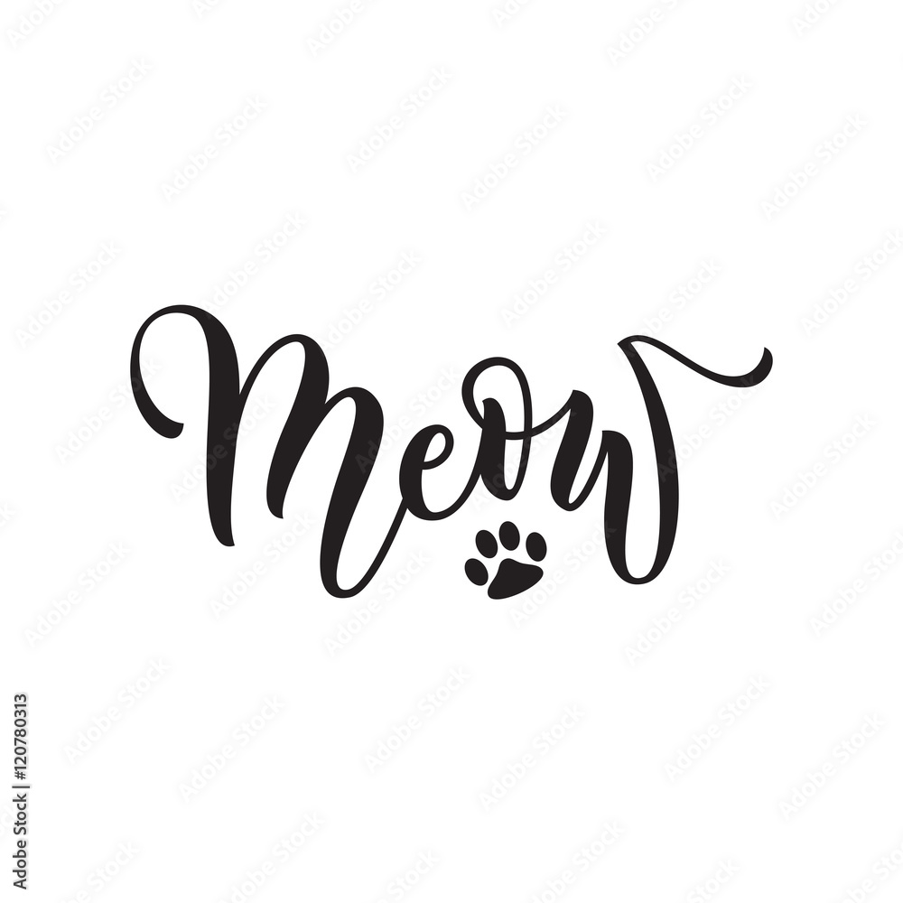 Vector black lettering Meow with cute pink cat paw Vector black lettering Meow with cute pink cat paw