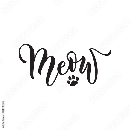 Photo Vector black lettering Meow with cute pink cat paw