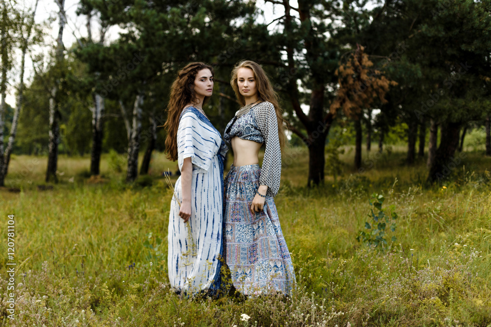 Young girls in ethnic clothes walking in fields. Fashion photo, folklore style Young girls in ethnic clothes walking in fields. Fashion photo, folklore style