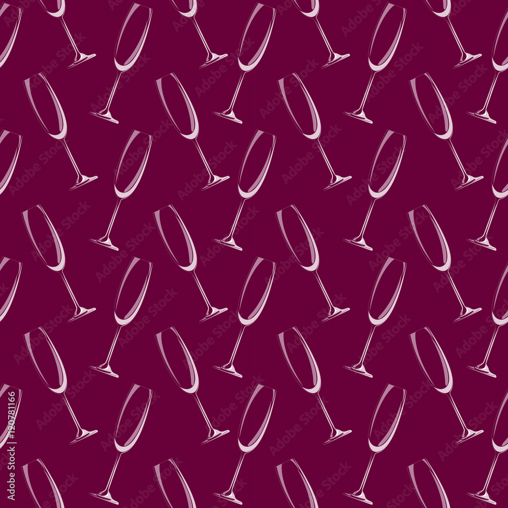 Seamless pattern. Champagne glasses isolated on burgundy background. EPS 10