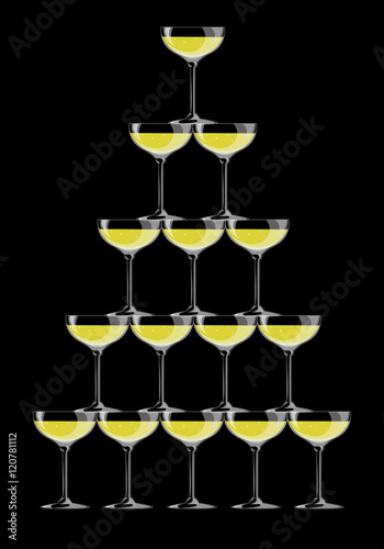 Champagne Glasses Pyramid on black background. Vector Illustration. EPS 10