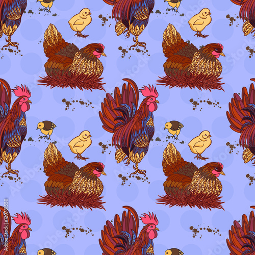 Seamless background with hand drawn rooster, hens and chickens