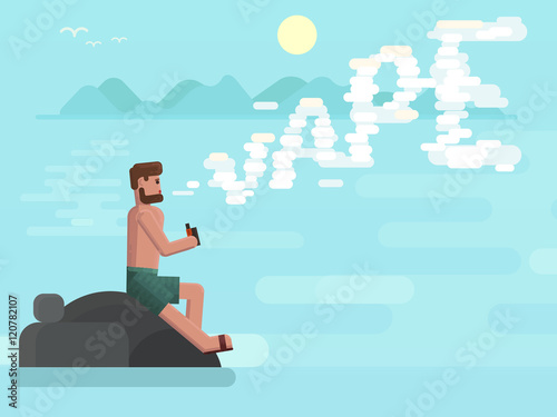 A young vaper sitting on the rocks by the sea and vaping electronic cigarette