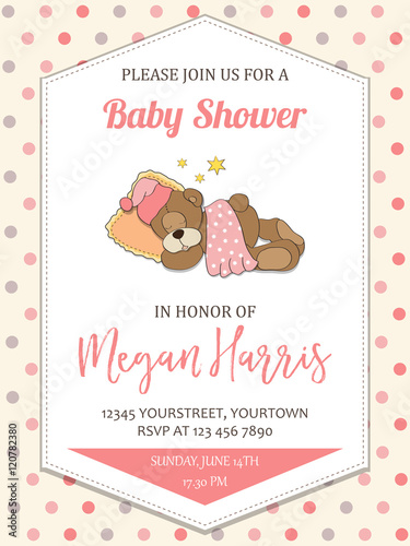 delicate baby girl  shower card with little teddy bear
