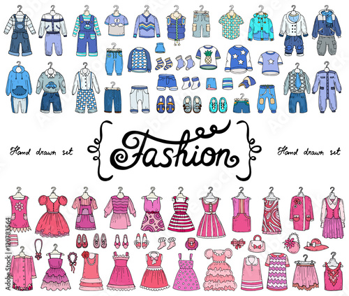 Vector set with hand drawn colored doodles on the theme of fashion for boys and girls