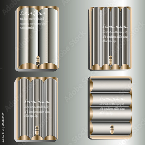 Set silver flyer or cover book
Drawing a solid design for printing or business invitation style grinded metal on a gold background Four object with text Stock vector illustration
