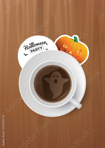 Vector Halloween Business party illustration. Cup of coffee with ghost, napkins on wooden desk background.