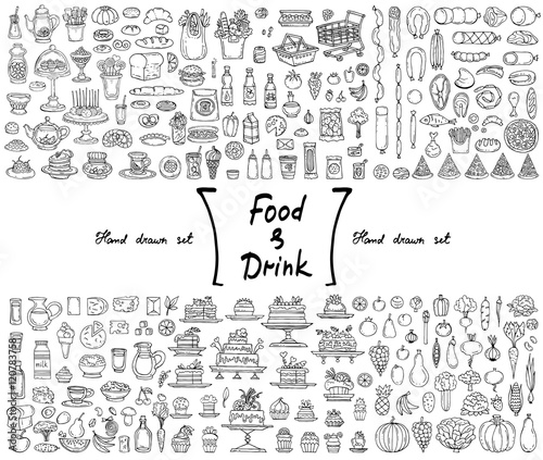 Vector set with hand drawn isolated doodles on the  theme of food and drink