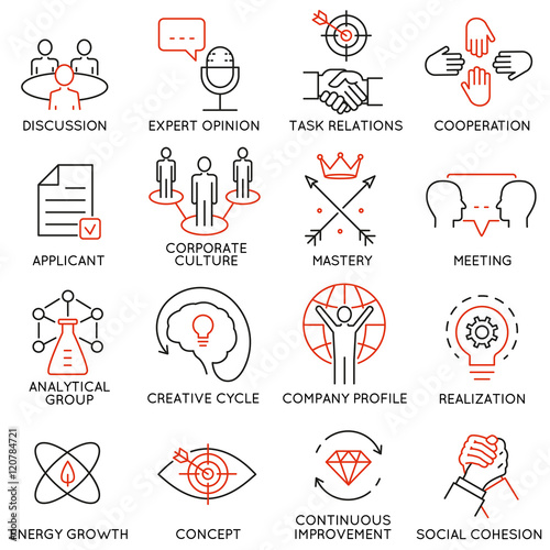 Vector set of 16 icons related to business management, strategy, career progress and business process. Mono line pictograms and infographics design elements - part 38