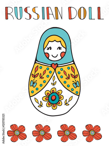 Colorful card with cute russian doll
