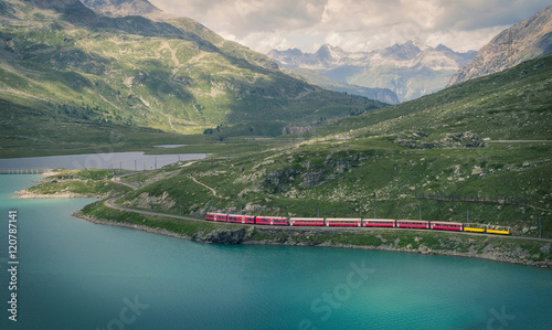 Glacier Express train on the Bernina Pass, Canton Graubunden, Switzerland photo