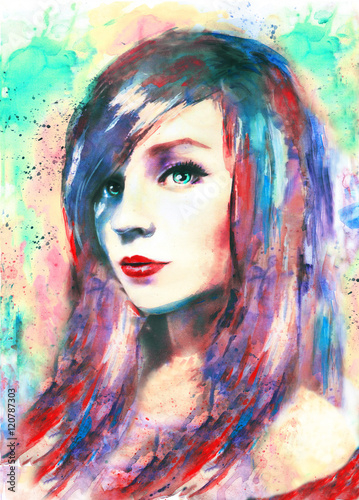 beautiful woman, watercolor painting, colorful