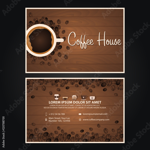 Coffee visit card. Coffee design. Coffee Day. Cup, grain, Vector illustration.
