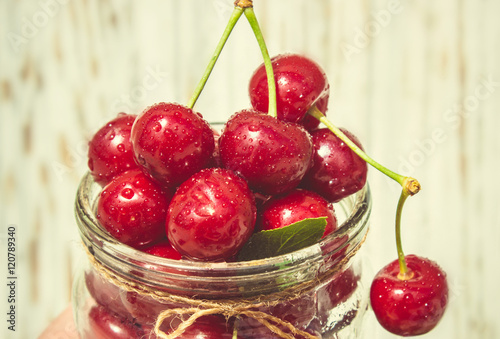ripe red cherries. 