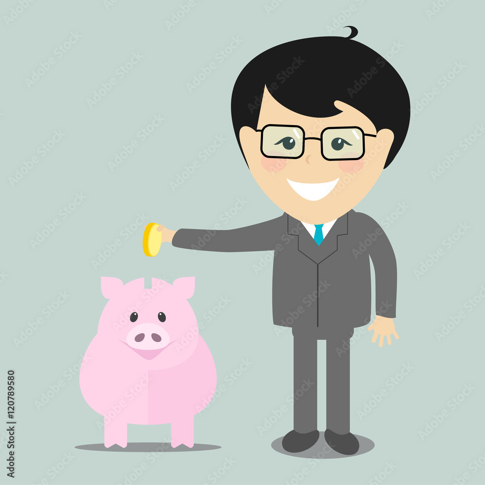 Businessman putting a coin into a piggy bank , vector illustrati