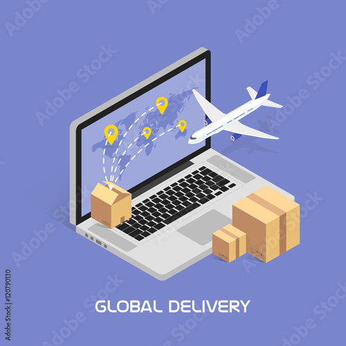 Isometric Concept Online tracking. Shipping and global deliveries by air service. Cardboard boxes with products. Aircraft flying.