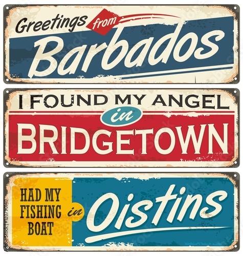 Barbados cities and travel destinations retro signs collection