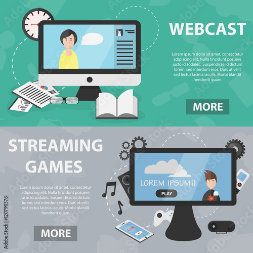 Vector flat horizontal banners of webcast and streaming games for website and apps. Business concept posters of broadcasting, webinar, online communication and entertainment.