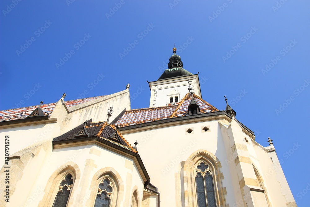 St. Mark church in Zagreb, Croatia. Part of the roof and bell tower