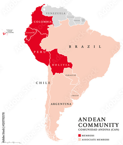 Andean Community countries map, a trade bloc. Comunidad Andina, CAN, customs union comprising the South American countries Bolivia, Colombia, Ecuador, Peru and five associate members. Andean Pact.