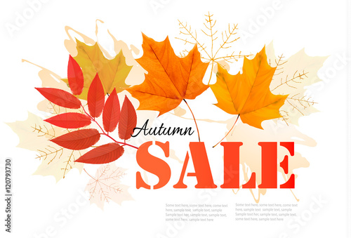 Enjoy Autumn Sales banner with autumn leaves. Vector.