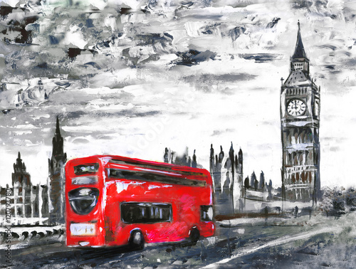 oil painting on canvas, street view of london, bus on road. Artwork. Big ben.