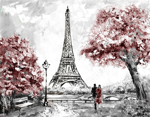 Fototapeta Naklejka Na Ścianę i Meble -  Oil Painting, Street View of Paris. Tender landscape