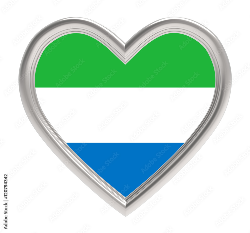 Sierra Leone flag in silver heart isolated on white background. 3D illustration. Sierra Leone flag in silver heart isolated on white background. 3D illustration.
