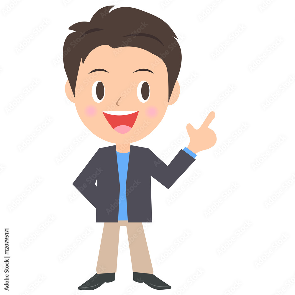 横を指さす若い男性