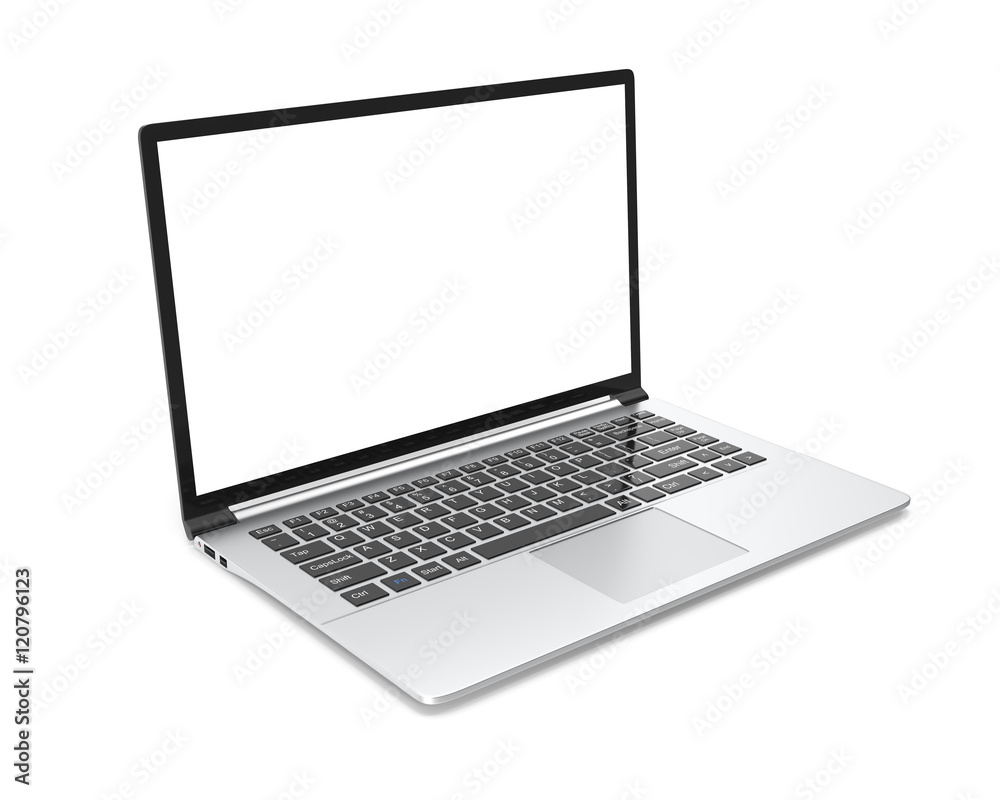 Modern metal office laptop or silver business notebook with blank screen isolated on white background. 3d illustration. Modern metal office laptop or silver business notebook with blank screen isolated on white background. 3d illustration.