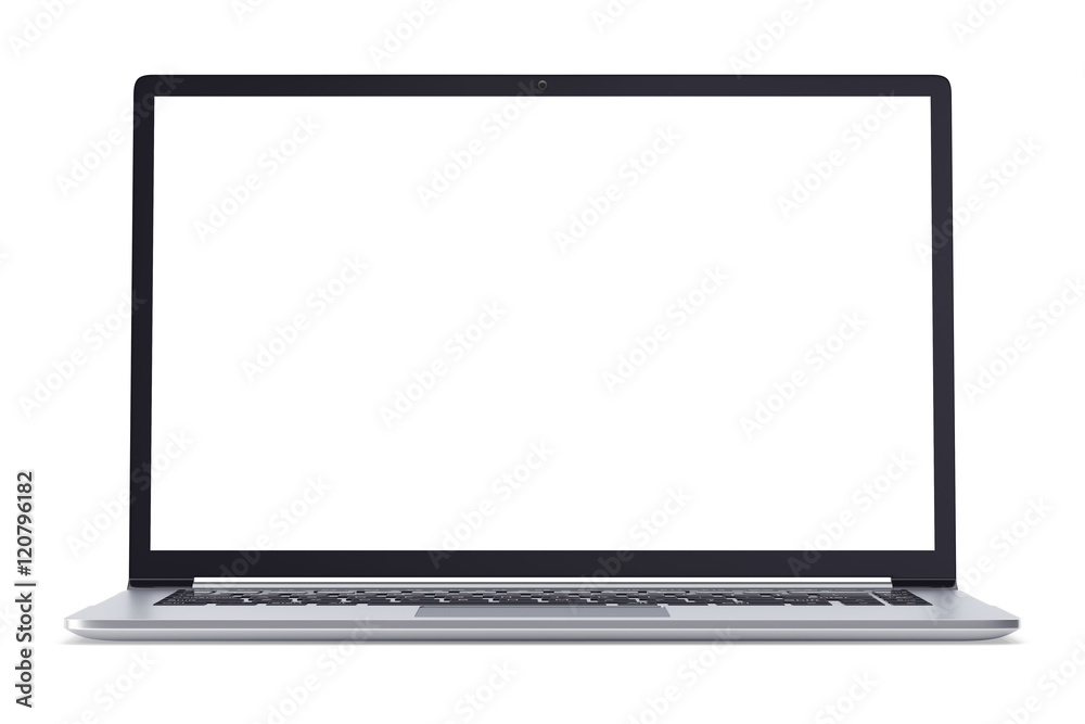 Modern metal office laptop or silver business notebook with blank screen isolated on white background. 3d illustration. Modern metal office laptop or silver business notebook with blank screen isolated on white background. 3d illustration.