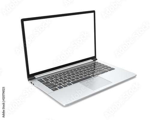 Modern metal office laptop or silver business notebook with blank screen isolated on white background. 3d illustration.