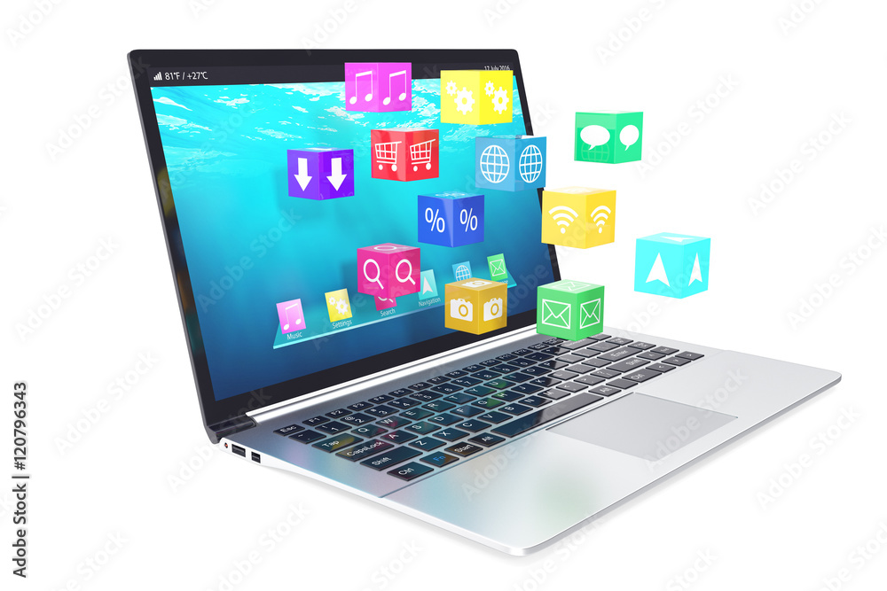 Cloud computing concept: white laptop with of color application icons isolated on background. 3d illustration Cloud computing concept: white laptop with of color application icons isolated on background. 3d illustration