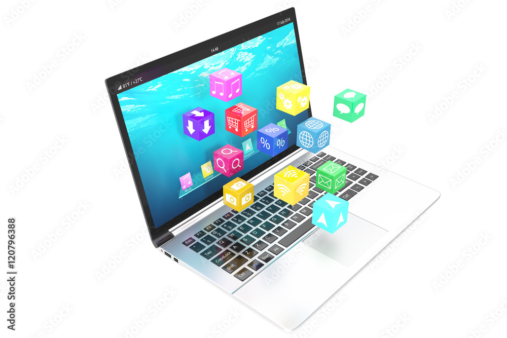 Cloud computing concept: white laptop with of color application icons isolated on background. 3d illustration Cloud computing concept: white laptop with of color application icons isolated on background. 3d illustration