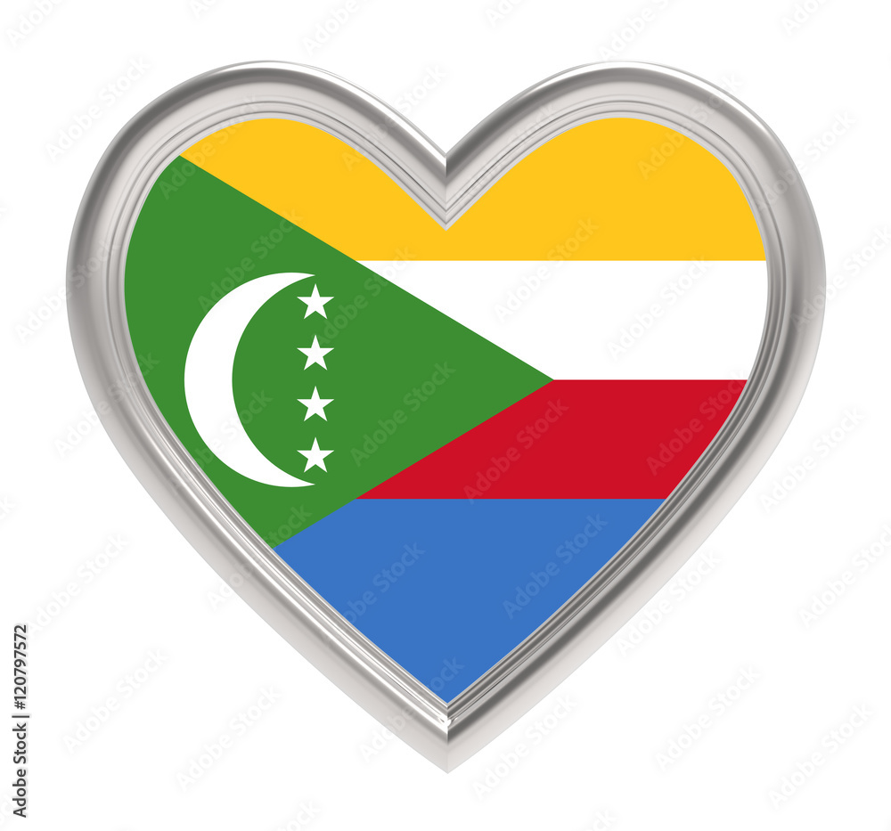 Comoros flag in silver heart isolated on white background. 3D illustration. Comoros flag in silver heart isolated on white background. 3D illustration.