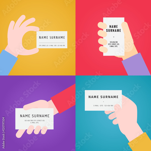 Business card in hand flat vector set.