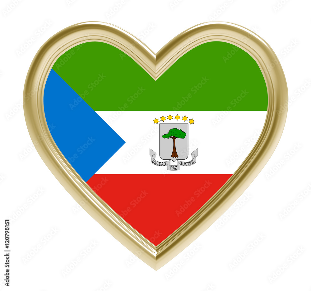 Equatorial Guinea flag in golden heart isolated on white background. 3D illustration. Equatorial Guinea flag in golden heart isolated on white background. 3D illustration.