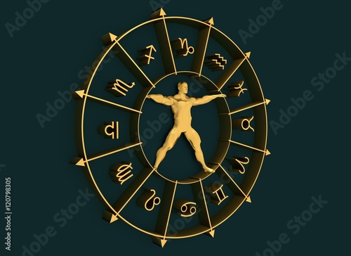 Golden astrological symbols in the circle. Muscular man standing in the center of the ring. 3D rendering. Metallic figure