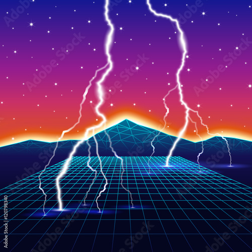 Neon new retro wave computer landscape with lightning