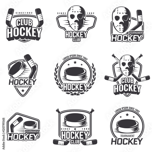 The logos on the theme of sport. Posters, stickers, emblems, logos for hockey. Different frames, objects sports design. Vector set of hockey emblems.