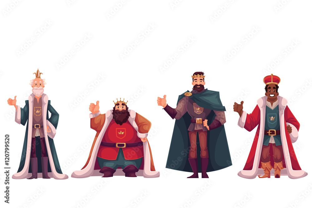 Set of different kings wearing crowns and mantles, cartoon vector