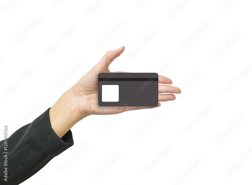 Closeup smart card in business woman hand isolated on white background with clipping path Closeup smart card in business woman hand isolated on white background with clipping path