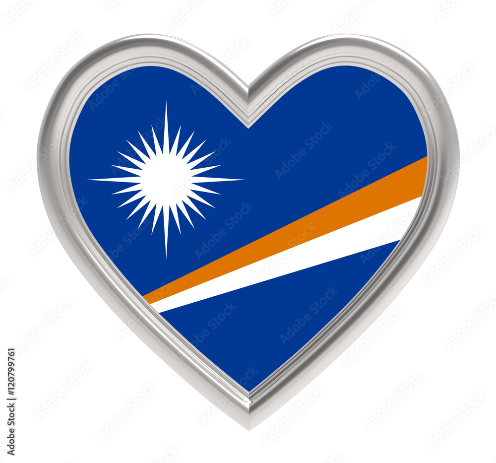 Fototapeta premium Marshall Islands flag in silver heart isolated on white background. 3D illustration.
