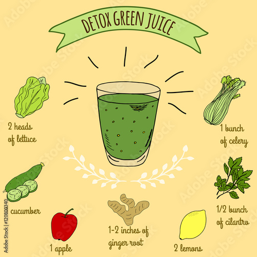 Hand drawn sketch illustration. Recipe and ingredients of healthy and energy drink for restaurant or cafe. Vegan Detox drinks. Gluten free drinks. Vegetarian Smoothie Recipe. Hydration Juice.
